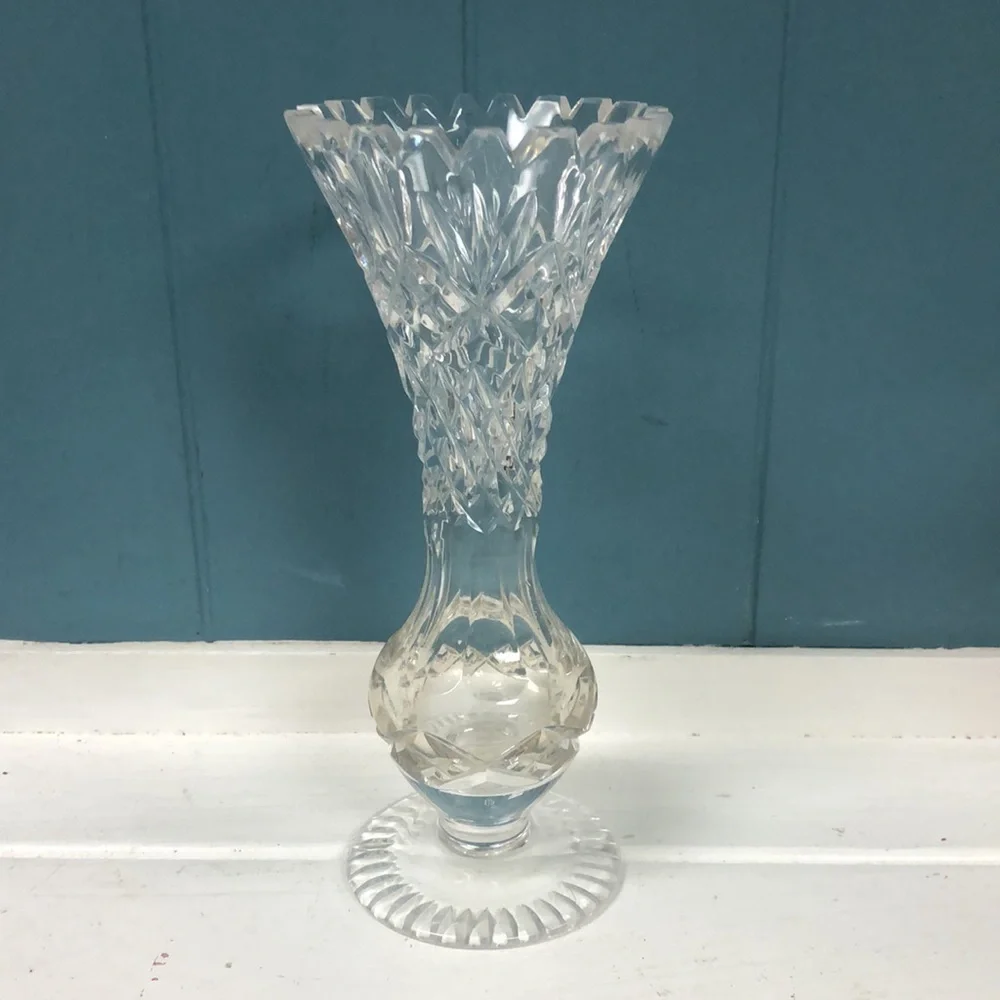 Vtg Footed Clear Glass Bud Vase Vintage Star of David Starburst Pinwheel 8”x3.5” - Picture 2 of 9